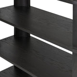 Unexpected contours give this bookcase its warm, modern vibe. Crafted oak veneer with a worn black finish, rounded legs are inset from the shelves with a plinth-like effect Amethyst Home provides interior design, new home construction design consulting, vintage area rugs, and lighting in the Dallas metro area.