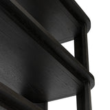 Unexpected contours give this bookcase its warm, modern vibe. Crafted oak veneer with a worn black finish, rounded legs are inset from the shelves with a plinth-like effect Amethyst Home provides interior design, new home construction design consulting, vintage area rugs, and lighting in the Kansas City metro area.