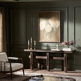 Featuring Contessa Smoked Alder Console Table by Four Hands at Amethyst Home. Crafted from smoked alder, this Wabi Sabi-inspired console brings an organic look to your space. With staggered legs, chamfered edges and a central stretcher, this piece is perfect for media display or styled in the living room or entryway. Overall Dimensions: 78.00"w x 17.75"d x 31. Amethyst Home provides interior design, new home construction design consulting, vintage area rugs, and lighting in the Houston metro area.