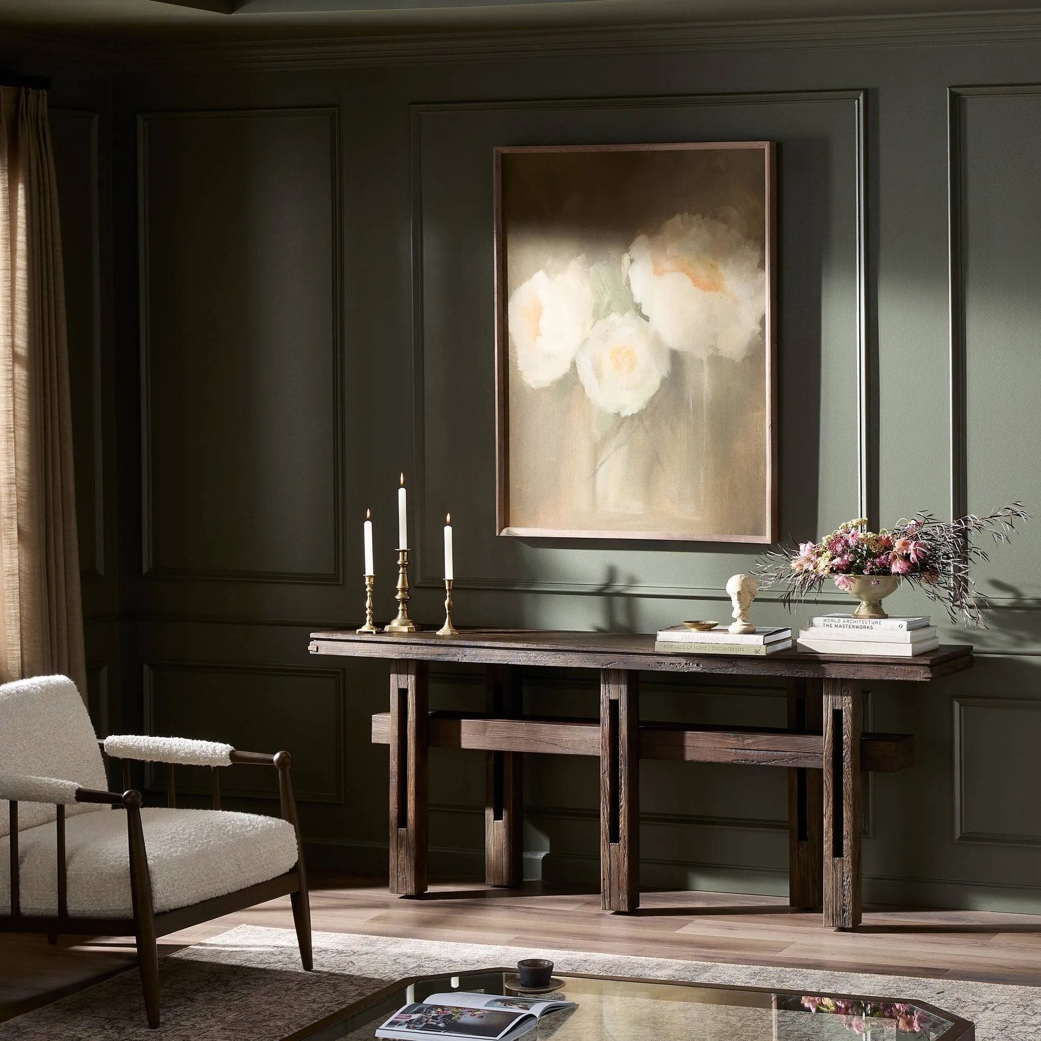 Featuring Contessa Smoked Alder Console Table by Four Hands at Amethyst Home. Crafted from smoked alder, this Wabi Sabi-inspired console brings an organic look to your space. With staggered legs, chamfered edges and a central stretcher, this piece is perfect for media display or styled in the living room or entryway. Overall Dimensions: 78.00"w x 17.75"d x 31. Amethyst Home provides interior design, new home construction design consulting, vintage area rugs, and lighting in the Houston metro area.