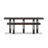 Featuring Contessa Smoked Alder Console Table by Four Hands at Amethyst Home. Crafted from smoked alder, this Wabi Sabi-inspired console brings an organic look to your space. With staggered legs, chamfered edges and a central stretcher, this piece is perfect for media display or styled in the living room or entryway. Overall Dimensions: 78.00"w x 17.75"d . Amethyst Home provides interior design, new home construction design consulting, vintage area rugs, and lighting in the Los Angeles metro area.