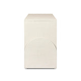 Talk about novelty. Made from painted linen in a light ivory, arched legs soften otherwise clean, modern shaping. Finished in