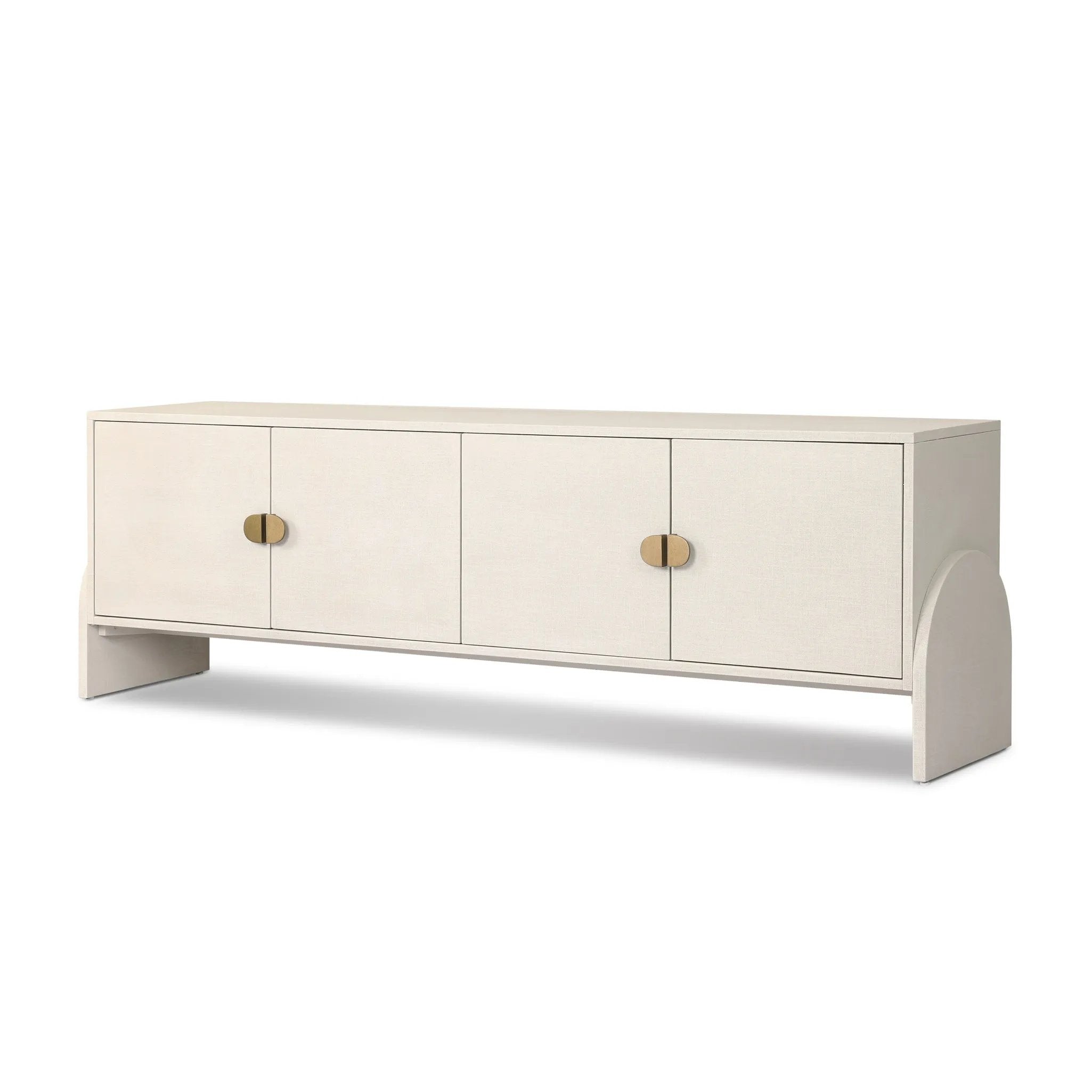 Talk about novelty. Made from painted linen in a light ivory, arched legs soften otherwise clean, modern shaping. Finished in