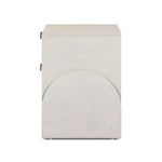 Talk about novelty. Made from painted linen in a light ivory, arched legs soften otherwise clean, modern shaping. Two drawers bring storage to the bedside while half-moon iron hardware adds a hint of art deco style Amethyst Home provides interior design, new home construction design consulting, vintage area rugs, and lighting in the Kansas City metro area.