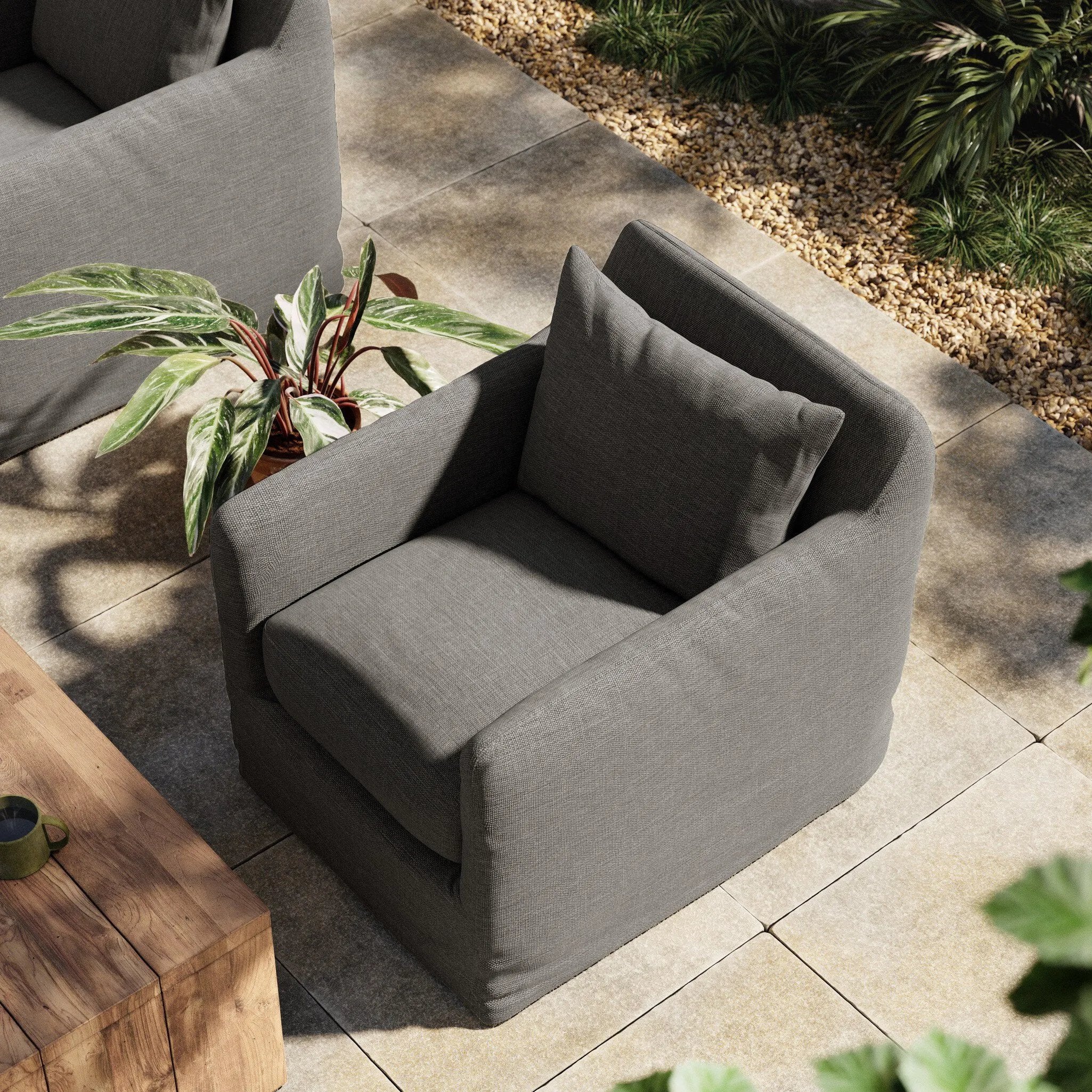 Featuring Dade Outdoor Swivel Chair - Charcoal by Four Hands at Amethyst Home. This Dade Outdoor Swivel Chair - Charcoal is a fresh, outdoor-friendly spin on the swivel chair. Removable charcoal slipcover meets style with sensibility. Great in pairs. Cover or store inside during inclement weather and when not in use.
Overall Dimensions: 27"W x 33.75"L x 2. Amethyst Home provides interior design, new home construction design consulting, vintage area rugs, and lighting in the Kansas City metro area.