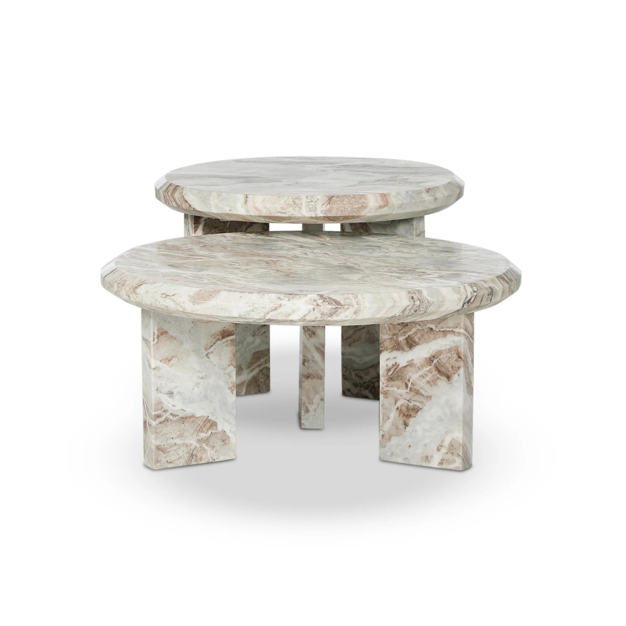 Featuring Dakota Creamy Taupe Marble Solid Nesting Coffee Table by Four Hands at Amethyst Home. A sculpted coffee table of creamy Sawar Indian marble, with block legs and chamfered edges — perfectly sized for intimate spaces. Natural veining ensures each table is one of a kind, celebrating the beauty natural marble.SetOverall Dimensions: 32.00"w x 32.00"d x 14. Amethyst Home provides interior design, new home construction design consulting, vintage area rugs, and lighting in the Austin metro area.