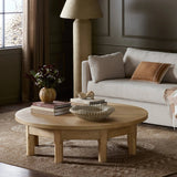Featuring Derek Bleached Oak Veneer Coffee Table by Four Hands at Amethyst Home. Made from bleached oak, a unique eight-leg base supports a rounded tabletop. Inspired by a "found object" aesthetic, this piece works a nomadic vibe into any room. Overall Dimensions: 55.00"w x 55.00"d x 15.75"h. Amethyst Home provides interior design, new home construction design consulting, vintage area rugs, and lighting in the Charlotte metro area.
