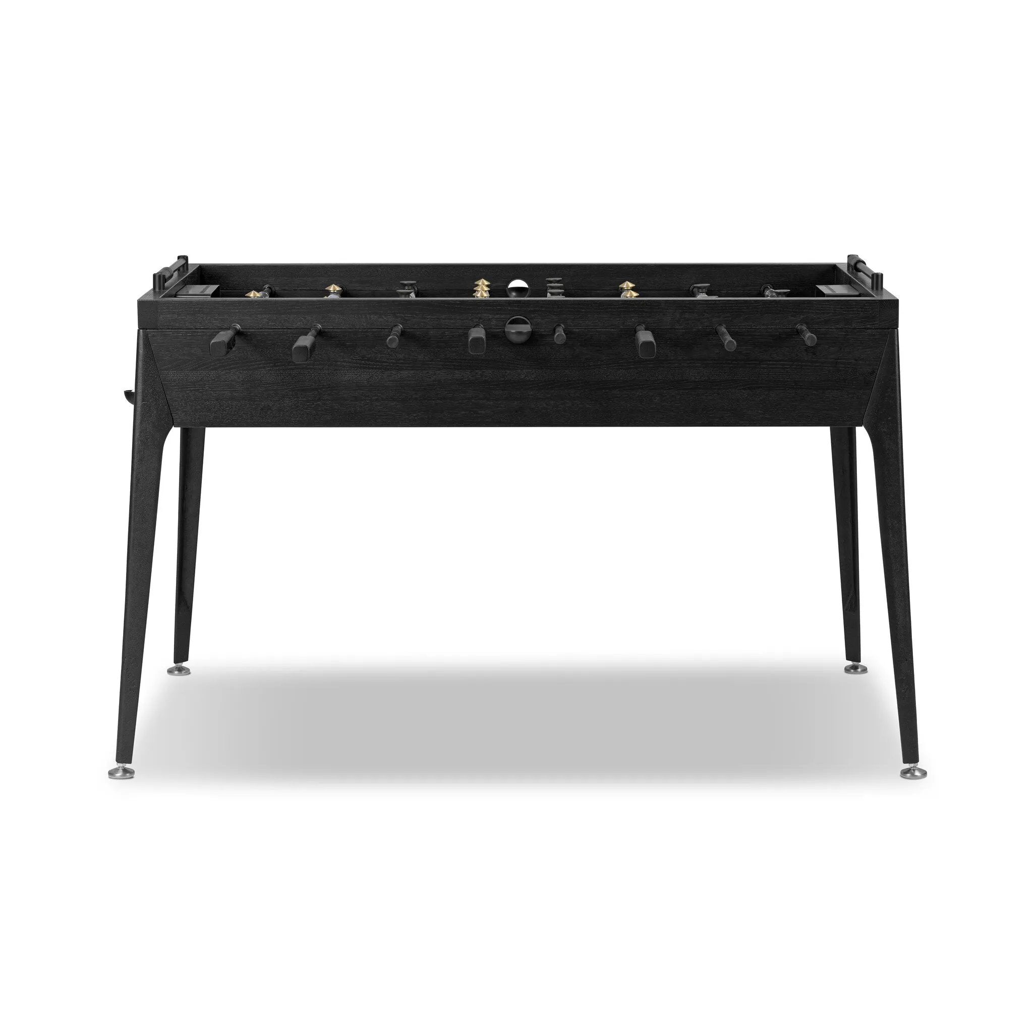 Streamlined for fun. This foosball table features a concrete playing surface and distinctly detailed players in cast aluminum. Rounded square wooden handles and cylindrical metal score counters tie together the sleek, industrial look of this foosball table, finished with tapered cast aluminum legs. Amethyst Home provides interior design, new home construction design consulting, vintage area rugs, and lighting in the Scottsdale metro area.
