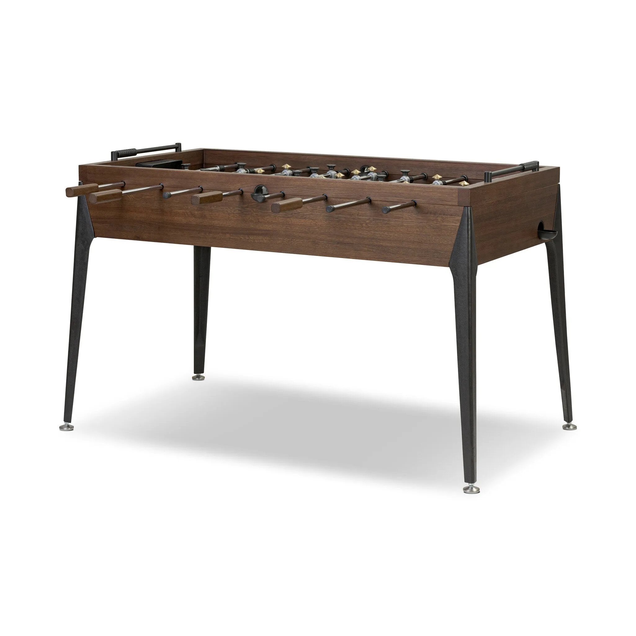 Streamlined for fun. This foosball table features a concrete playing surface and distinctly detailed players in cast aluminum. Rounded square wooden handles and cylindrical metal score counters tie together the sleek, industrial look of this foosball table, finished with tapered cast aluminum legs. Amethyst Home provides interior design, new home construction design consulting, vintage area rugs, and lighting in the Boston metro area.