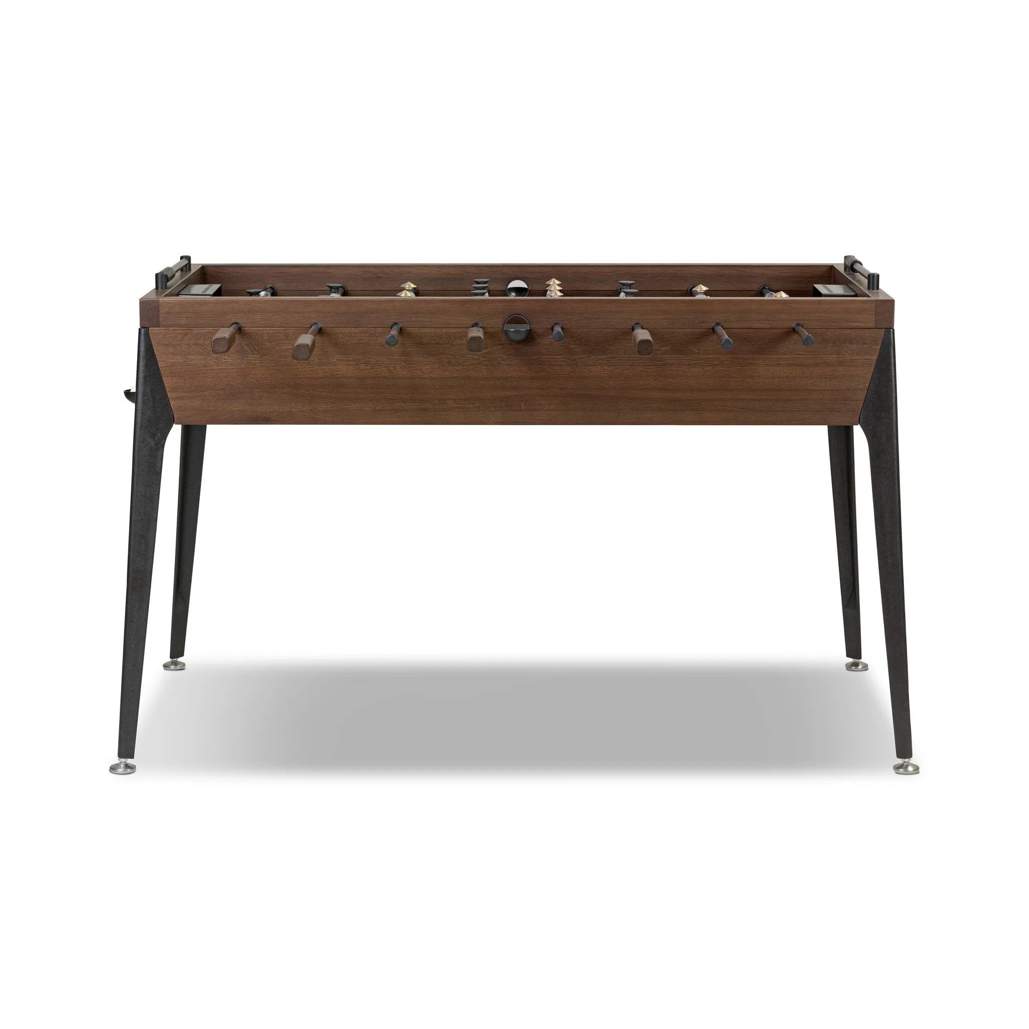 Streamlined for fun. This foosball table features a concrete playing surface and distinctly detailed players in cast aluminum. Rounded square wooden handles and cylindrical metal score counters tie together the sleek, industrial look of this foosball table, finished with tapered cast aluminum legs. Amethyst Home provides interior design, new home construction design consulting, vintage area rugs, and lighting in the Charlotte metro area.