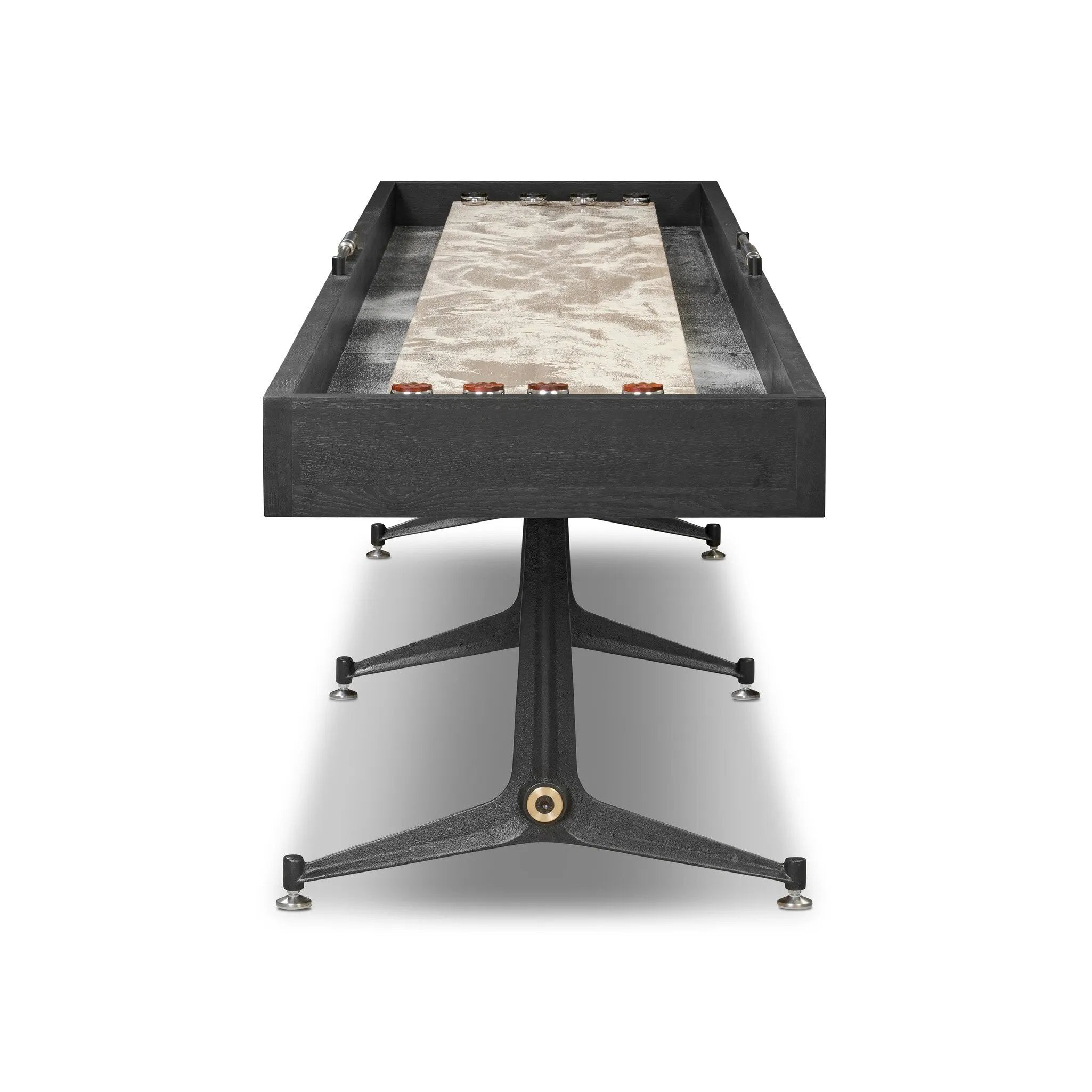 Material-driven for fun, this shuffleboard table features a hand-stitched leather landing surface, laminated solid oak game board — finished in a durable lacquer — and industrial trestle-style, cast iron legs. Climatic adjusters for leveling with ease. Each table comes with carved wood and steel pucks, as well as a steel ring scoring mechanism. Amethyst Home provides interior design, new home construction design consulting, vintage area rugs, and lighting in the Calabasas metro area.