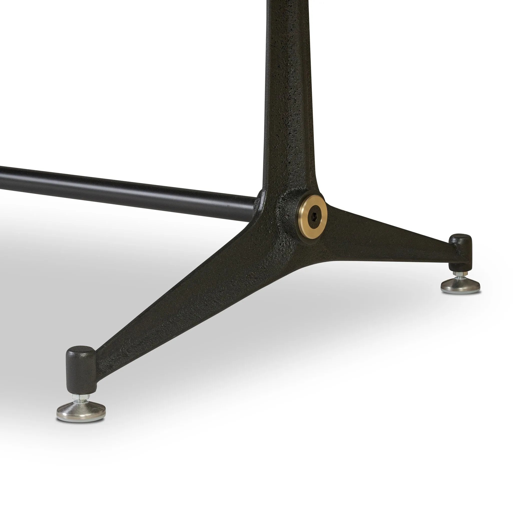 Material-driven for fun, this shuffleboard table features a hand-stitched leather landing surface, laminated solid oak game board — finished in a durable lacquer — and industrial trestle-style, cast iron legs. Climatic adjusters for leveling with ease. Each table comes with carved wood and steel pucks, as well as a steel ring scoring mechanism. Amethyst Home provides interior design, new home construction design consulting, vintage area rugs, and lighting in the Laguna Beach metro area.