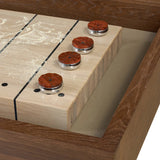Material-driven for fun, this shuffleboard table features a hand-stitched leather landing surface, laminated solid oak game board — finished in a durable lacquer — and industrial trestle-style, cast iron legs. Climatic adjusters for leveling with ease. Each table comes with carved wood and steel pucks, as well as a steel ring scoring mechanism. Amethyst Home provides interior design, new home construction design consulting, vintage area rugs, and lighting in the Omaha metro area.