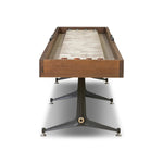 Material-driven for fun, this shuffleboard table features a hand-stitched leather landing surface, laminated solid oak game board — finished in a durable lacquer — and industrial trestle-style, cast iron legs. Climatic adjusters for leveling with ease. Each table comes with carved wood and steel pucks, as well as a steel ring scoring mechanism. Amethyst Home provides interior design, new home construction design consulting, vintage area rugs, and lighting in the Washington metro area.