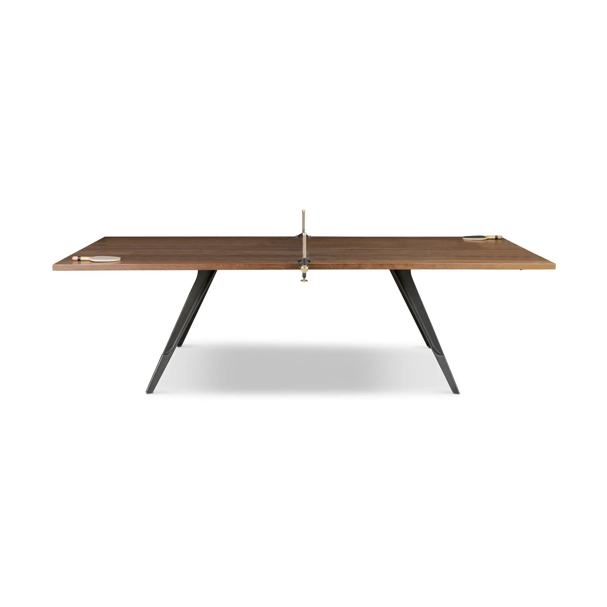 Dual-function fun is the star of this ping pong table from District Eight. Its light minimalist design channels industrial features like an oak plane top, cast iron legs and a leather sling net attached with steel clamps, which can be easily removed to become a dining table that seats 12. Amethyst Home provides interior design, new home construction design consulting, vintage area rugs, and lighting in the Park City metro area.