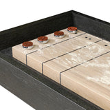 Material-driven for fun, this shuffleboard table features a hand-stitched leather landing surface, laminated solid oak game board — finished in a durable lacquer — and industrial trestle-style, cast iron legs. Climatic adjusters for leveling with ease. Each table comes with carved wood and steel pucks, as well as a steel ring scoring mechanism. Amethyst Home provides interior design, new home construction design consulting, vintage area rugs, and lighting in the Nashville metro area.