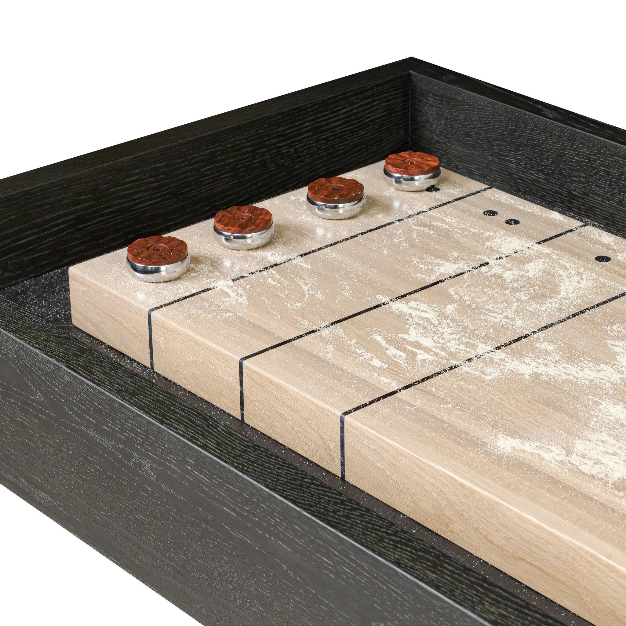 Material-driven for fun, this shuffleboard table features a hand-stitched leather landing surface, laminated solid oak game board — finished in a durable lacquer — and industrial trestle-style, cast iron legs. Climatic adjusters for leveling with ease. Each table comes with carved wood and steel pucks, as well as a steel ring scoring mechanism. Amethyst Home provides interior design, new home construction design consulting, vintage area rugs, and lighting in the Nashville metro area.