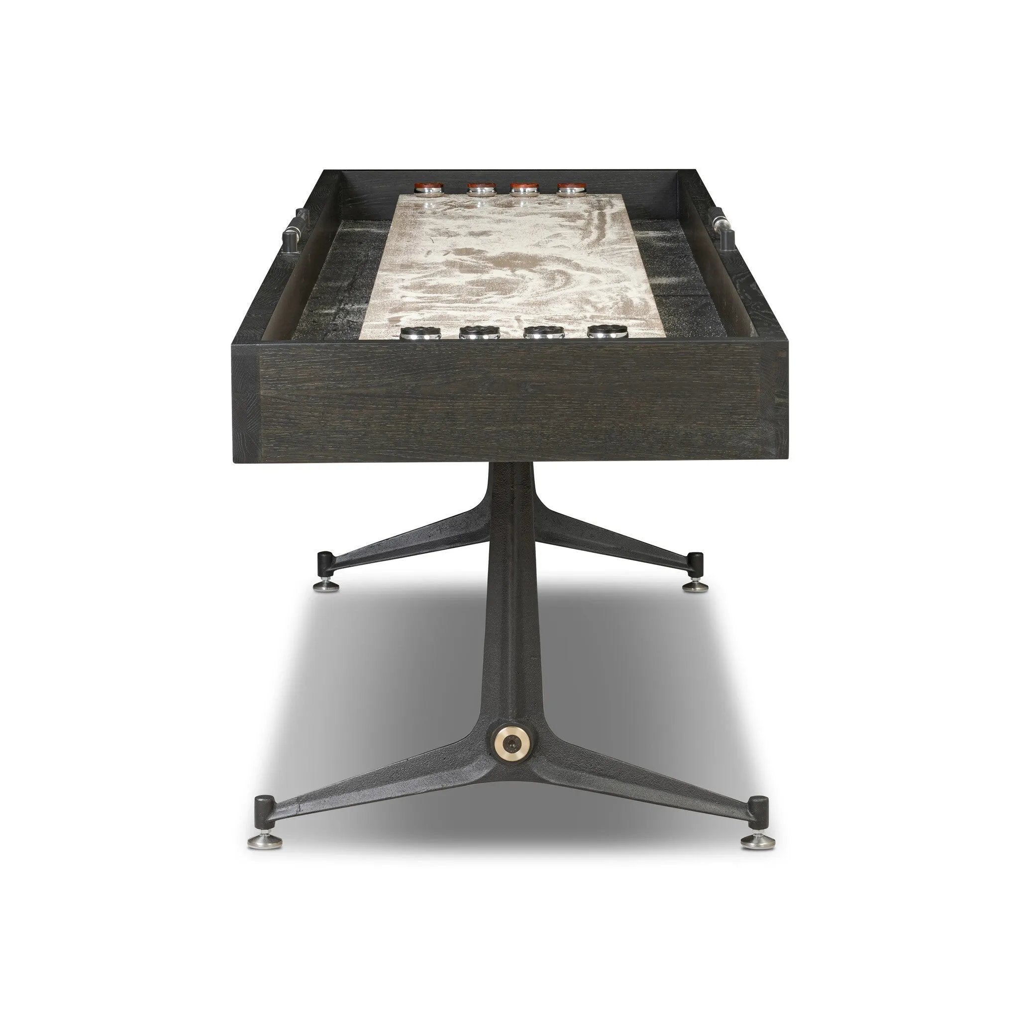 Material-driven for fun, this shuffleboard table features a hand-stitched leather landing surface, laminated solid oak game board — finished in a durable lacquer — and industrial trestle-style, cast iron legs. Climatic adjusters for leveling with ease. Each table comes with carved wood and steel pucks, as well as a steel ring scoring mechanism. Amethyst Home provides interior design, new home construction design consulting, vintage area rugs, and lighting in the Newport Beach metro area.