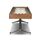 Material-driven for fun, this shuffleboard table features a hand-stitched leather landing surface, laminated solid oak game board — finished in a durable lacquer — and industrial trestle-style, cast iron legs. Climatic adjusters for leveling with ease. Each table comes with carved wood and steel pucks, as well as a steel ring scoring mechanism. Amethyst Home provides interior design, new home construction design consulting, vintage area rugs, and lighting in the Calabasas metro area.