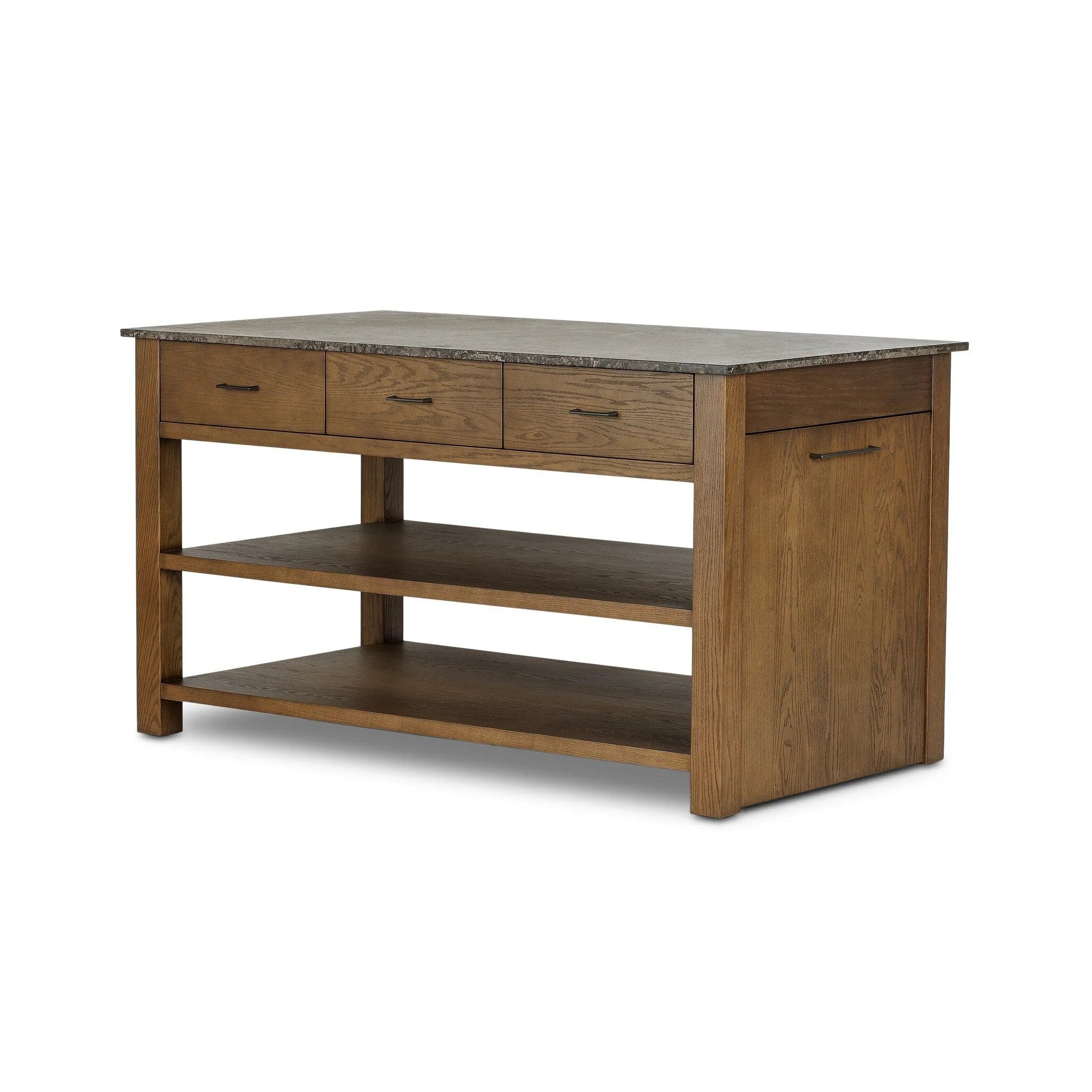 A kitchen island and waterfall dining table in one. Crafted from oak, the island system features two large shelves and three drawers on each side, all topped with by warm grey marble. The pullout table extends and fits inside the frame with ease Amethyst Home provides interior design, new home construction design consulting, vintage area rugs, and lighting in the Laguna Beach metro area.