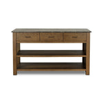 A kitchen island and waterfall dining table in one. Crafted from oak, the island system features two large shelves and three drawers on each side, all  topped with by warm grey marble. The pullout table extends and fits inside the frame with ease Amethyst Home provides interior design, new home construction design consulting, vintage area rugs, and lighting in the Monterey metro area.