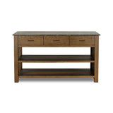 A kitchen island and waterfall dining table in one. Crafted from oak, the island system features two large shelves and three drawers on each side, all topped with by warm grey marble. The pullout table extends and fits inside the frame with ease Amethyst Home provides interior design, new home construction design consulting, vintage area rugs, and lighting in the Monterey metro area.