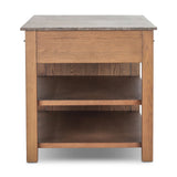 A kitchen island and waterfall dining table in one. Crafted from oak, the island system features two large shelves and three drawers on each side, all topped with by warm grey marble. The pullout table extends and fits inside the frame with ease Amethyst Home provides interior design, new home construction design consulting, vintage area rugs, and lighting in the Nashville metro area.