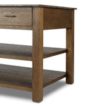 A kitchen island and waterfall dining table in one. Crafted from oak, the island system features two large shelves and three drawers on each side, all  topped with by warm grey marble. The pullout table extends and fits inside the frame with ease Amethyst Home provides interior design, new home construction design consulting, vintage area rugs, and lighting in the San Diego metro area.