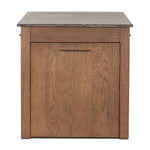 A kitchen island and waterfall dining table in one. Crafted from oak, the island system features two large shelves and three drawers on each side, all  topped with by warm grey marble. The pullout table extends and fits inside the frame with ease Amethyst Home provides interior design, new home construction design consulting, vintage area rugs, and lighting in the Tampa metro area.