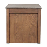 A kitchen island and waterfall dining table in one. Crafted from oak, the island system features two large shelves and three drawers on each side, all topped with by warm grey marble. The pullout table extends and fits inside the frame with ease Amethyst Home provides interior design, new home construction design consulting, vintage area rugs, and lighting in the Tampa metro area.