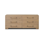 Simple and spacious, this oak dresser has six drawers paired with aged bronze and wood hardware. Waterfall shaping and soft-close undermount glides give a smooth finish Amethyst Home provides interior design, new home construction design consulting, vintage area rugs, and lighting in the Park City metro area.