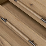 Simple and spacious, this oak nightstand has six drawers paired with aged bronze and wood hardware. Waterfall shaping and soft-close undermount glides give a smooth finish Amethyst Home provides interior design, new home construction design consulting, vintage area rugs, and lighting in the San Diego metro area.