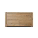 Built from thick-cut oak and veneers with an aged smoked finish, this farmhouse-inspired eight-drawer dresser features softened edges, fastening details, integrated wood hardware and soft-close drawer glides for quality construction Amethyst Home provides interior design, new home construction design consulting, vintage area rugs, and lighting in the Alpharetta metro area.
