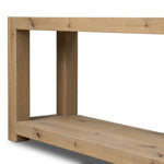 Built from thick-cut oak and veneers with an aged smoked finish, this farmhouse-inspired console table features chunky squared legs and a stretcher base for extra storage Amethyst Home provides interior design, new home construction design consulting, vintage area rugs, and lighting in the Calabasas metro area.