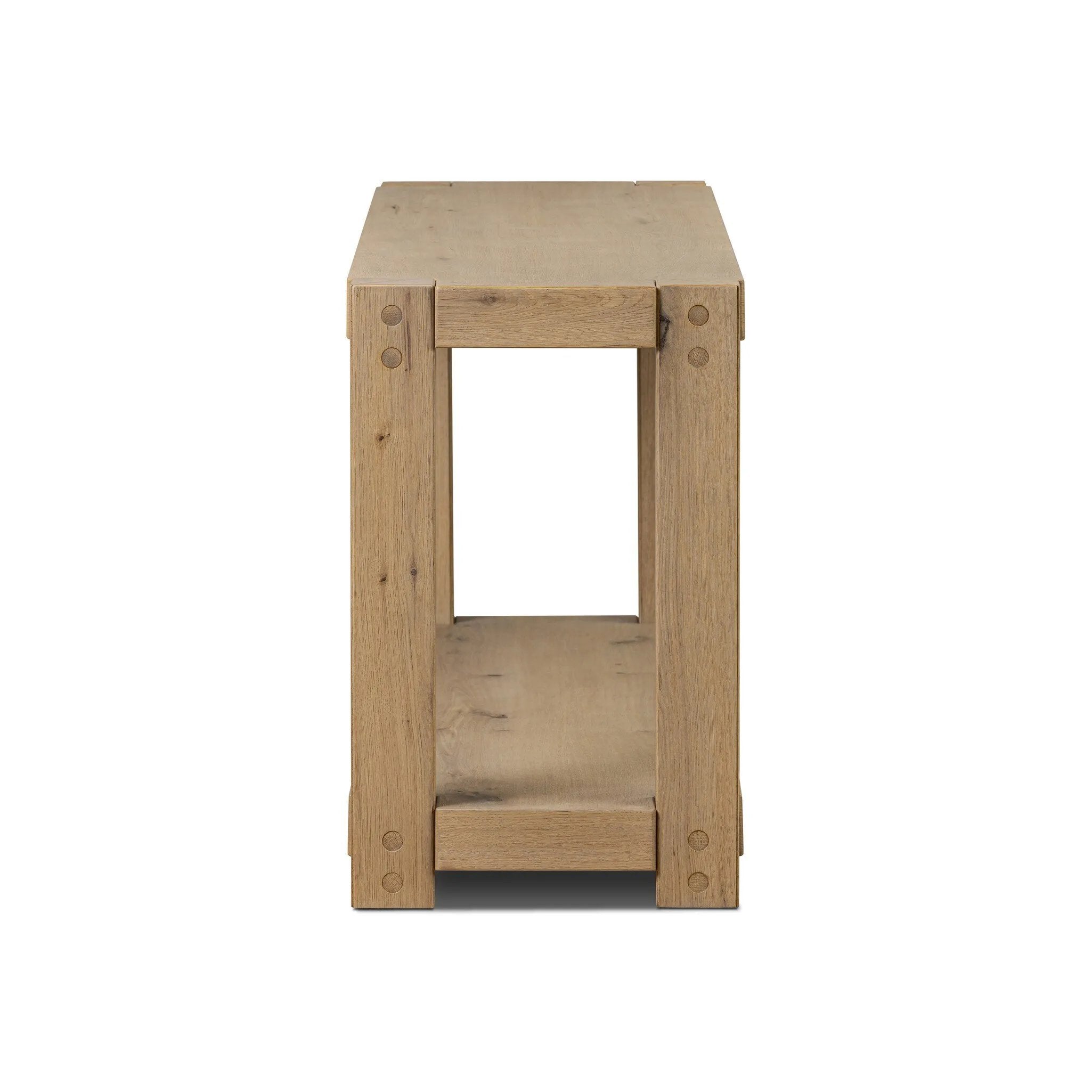 Built from thick-cut oak and veneers with an aged smoked finish, this farmhouse-inspired console table features chunky squared legs and a stretcher base for extra storage Amethyst Home provides interior design, new home construction design consulting, vintage area rugs, and lighting in the Winter Garden metro area.