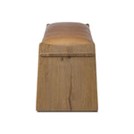 Top-grain leather and worn, solid oak fuse for a substantial, streamlined bench inspired by Nordic Minimalism Amethyst Home provides interior design, new home construction design consulting, vintage area rugs, and lighting in the Tampa metro area.