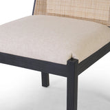 Featuring Esmee Antwerp Natural Dining Chair by Four Hands at Amethyst Home. Ebony nettlewood shapes the arched, angled back of this simply shaped, armless dining chair. Natural crosshatch cane adds a light texture to complement the creamy, neutral upholstered seat. Performance fabrics are specially created to withstand spills, stains, high traffic and wear, . Amethyst Home provides interior design, new home construction design consulting, vintage area rugs, and lighting in the Seattle metro area.