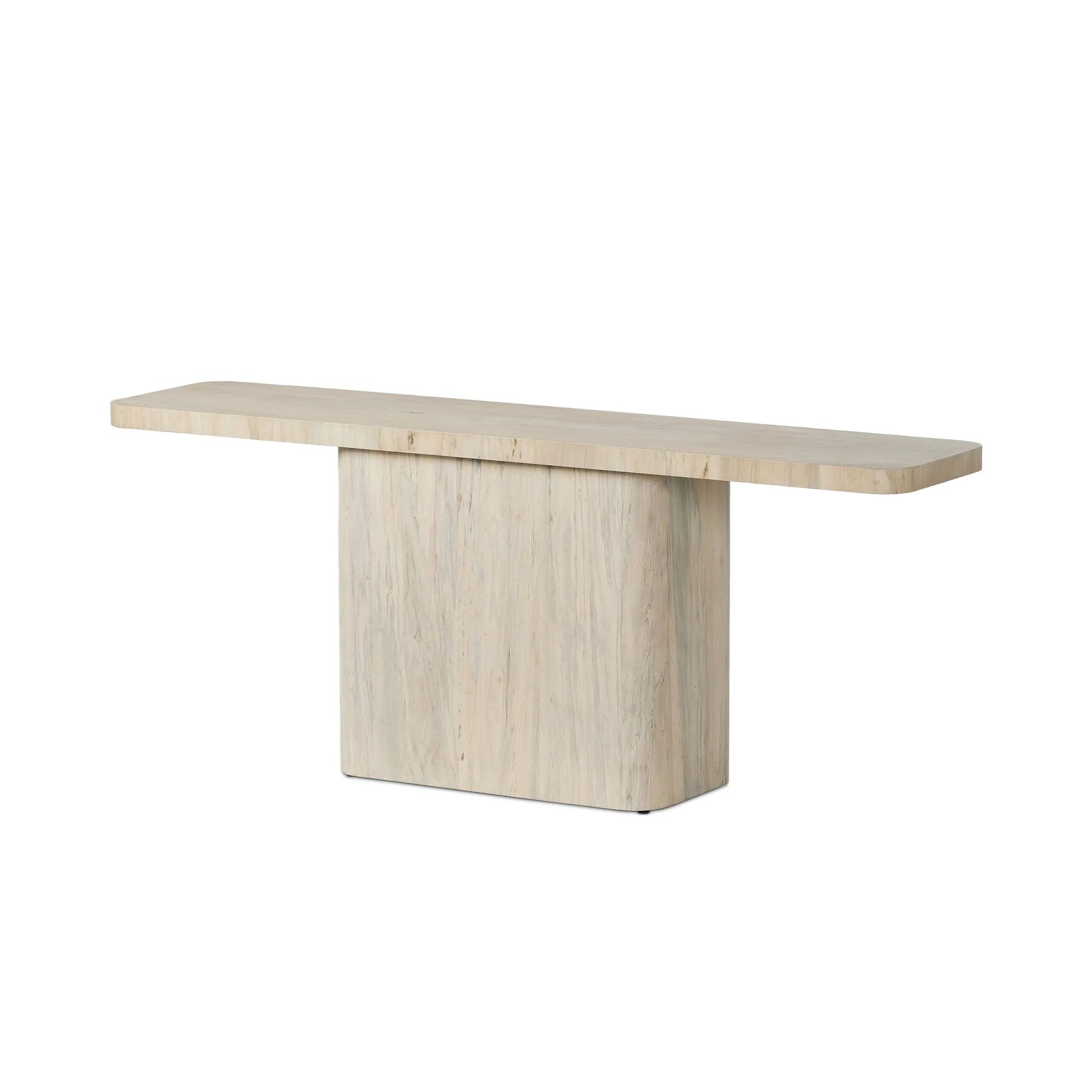 Featuring Esmi Bleached Spalted Primavera Console Table by Four Hands at Amethyst Home. Make a statement with this console table of spalted primavera with a clean, bleached finish. An exaggerated overhang top elevates otherwise simple shaping, for a dramatic look that can move between spaces with ease.Overall Dimensions: 78.00"w x 18.00"d x 31.00"hWeight : 1. Amethyst Home provides interior design, new home construction design consulting, vintage area rugs, and lighting in the Portland metro area.