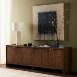 Featuring Etro Tawny Pine Media Console by Four Hands at Amethyst Home. Inspired by retro European design, a character-rich media console is made from solid pine, with mortise and tenon joinery spanning its sides. Door pulls of top-grain leather add a textural finishing touch, while three rear cutouts keep cords out of sight.Overall Dimensions: 78.00"w x . Amethyst Home provides interior design, new home construction design consulting, vintage area rugs, and lighting in the Kansas City metro area.