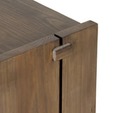 Featuring Etro Tawny Pine Media Console by Four Hands at Amethyst Home. Inspired by retro European design, a character-rich media console is made from solid pine, with mortise and tenon joinery spanning its sides. Door pulls of top-grain leather add a textural finishing touch, while three rear cutouts keep cords out of sight.Overall Dimensions: 78.00"w x . Amethyst Home provides interior design, new home construction design consulting, vintage area rugs, and lighting in the Los Angeles metro area.