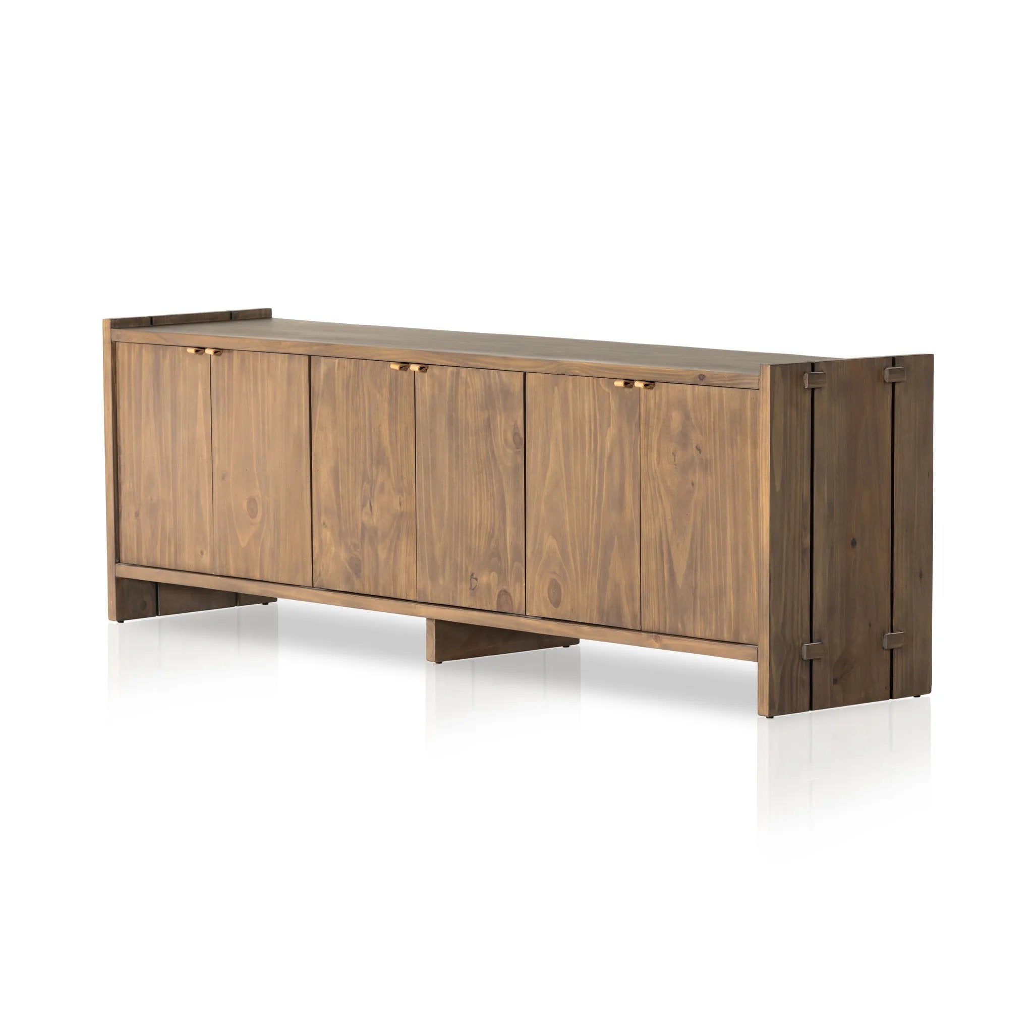Featuring Etro Tawny Pine Media Console by Four Hands at Amethyst Home. Inspired by retro European design, a character-rich media console is made from solid pine, with mortise and tenon joinery spanning its sides. Door pulls of top-grain leather add a textural finishing touch, while three rear cutouts keep cords out of sight.Overall Dimensions: 78.00"w x 18.. Amethyst Home provides interior design, new home construction design consulting, vintage area rugs, and lighting in the Portland metro area.