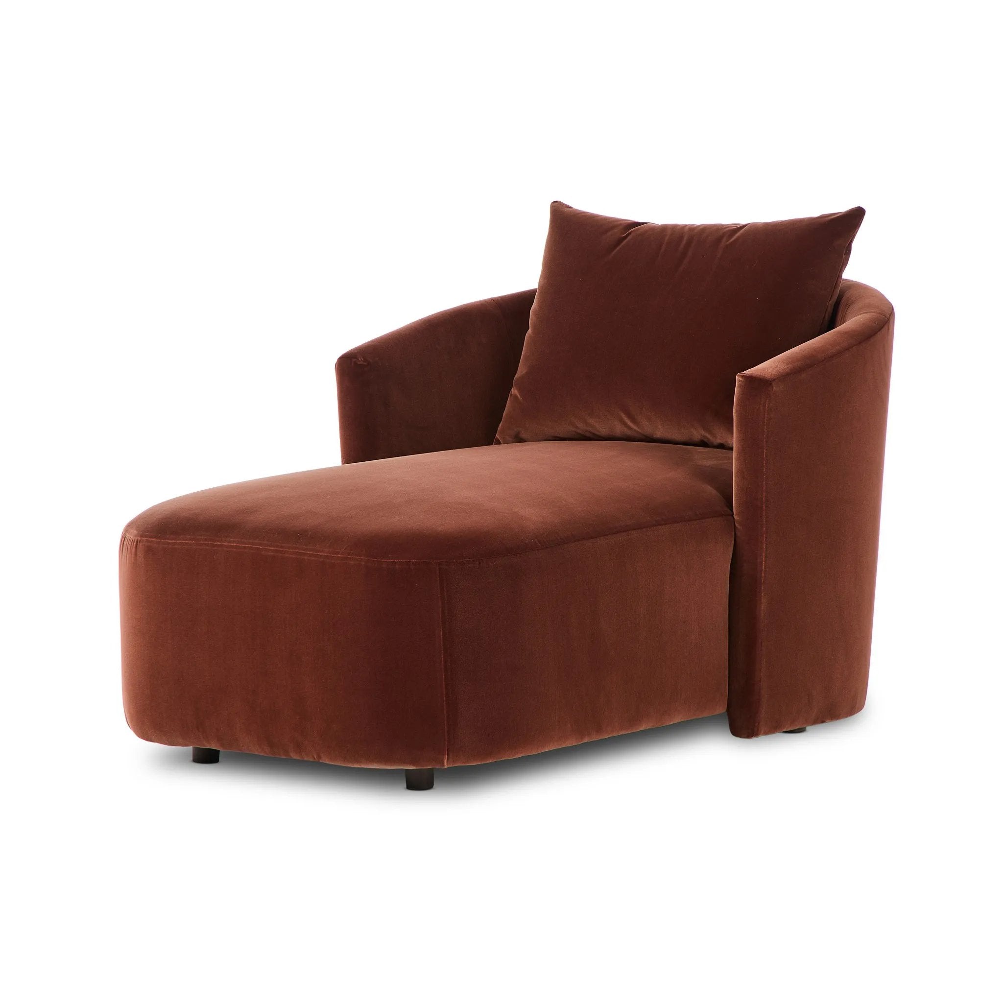 Casual and sculpted, velvety auburn fabric and a pill-shaped chaise take this lounger to the next level Amethyst Home provides interior design, new home construction design consulting, vintage area rugs, and lighting in the Houston metro area.