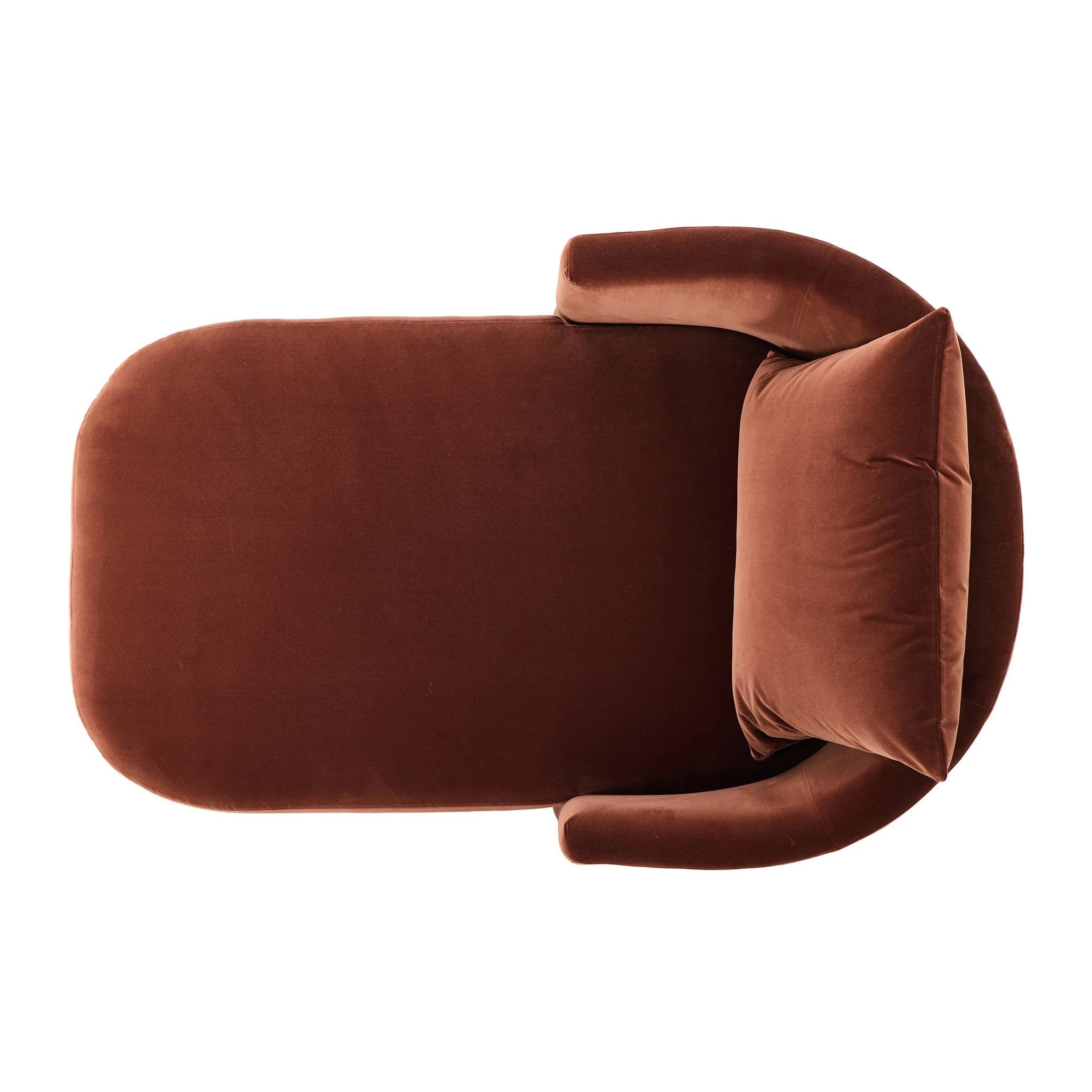 Casual and sculpted, velvety auburn fabric and a pill-shaped chaise take this lounger to the next level Amethyst Home provides interior design, new home construction design consulting, vintage area rugs, and lighting in the Los Angeles metro area.