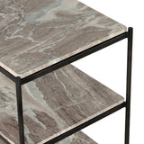 Add a pop of sophistication to any space. Naturally variegated marble hues offer three refreshing tiers of smooth shelving for plenty of space, while hammered grey-finished iron framing places a feminine, high-contrast spin on bedside storage Amethyst Home provides interior design, new home construction design consulting, vintage area rugs, and lighting in the Nashville metro area.