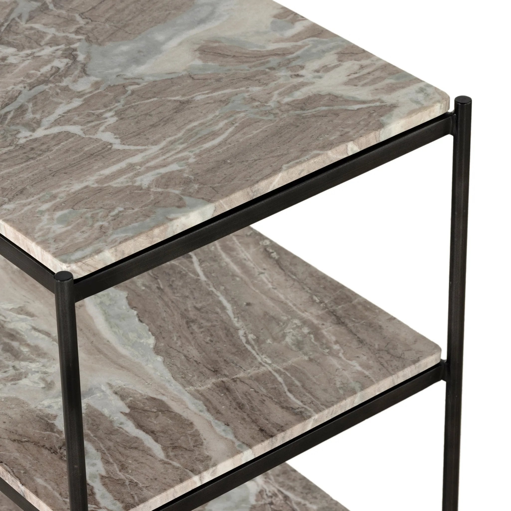 Add a pop of sophistication to any space. Naturally variegated marble hues offer three refreshing tiers of smooth shelving for plenty of space, while hammered grey-finished iron framing places a feminine, high-contrast spin on bedside storage Amethyst Home provides interior design, new home construction design consulting, vintage area rugs, and lighting in the Nashville metro area.