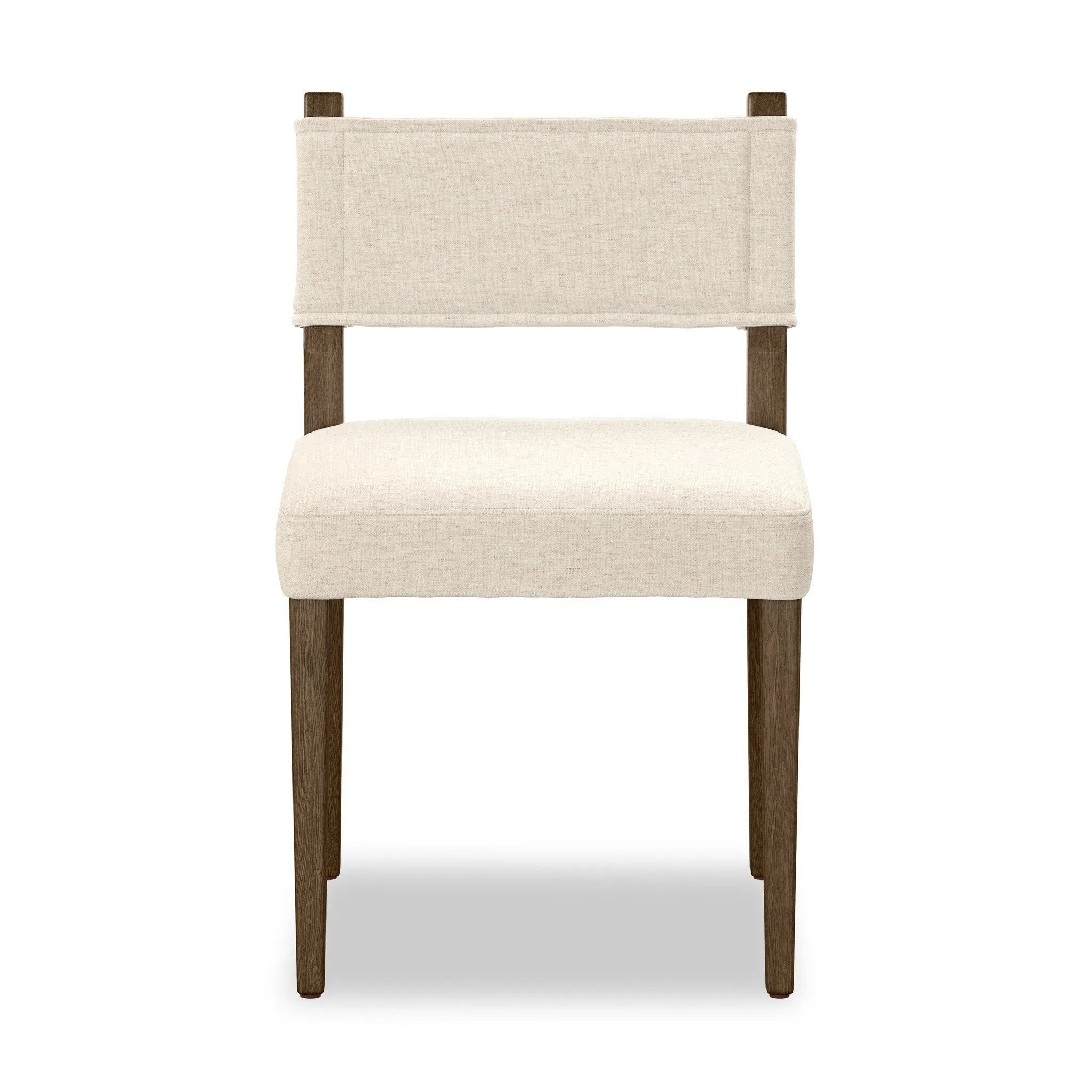 Mixed materials at their finest. Brown parawood forms a slight, simple frame for squared seating of neutral performance-grade upholstery. Charcoal top-grain leather backing takes this modern-minded dining chair to the next level Amethyst Home provides interior design, new home construction design consulting, vintage area rugs, and lighting in the Nashville metro area.