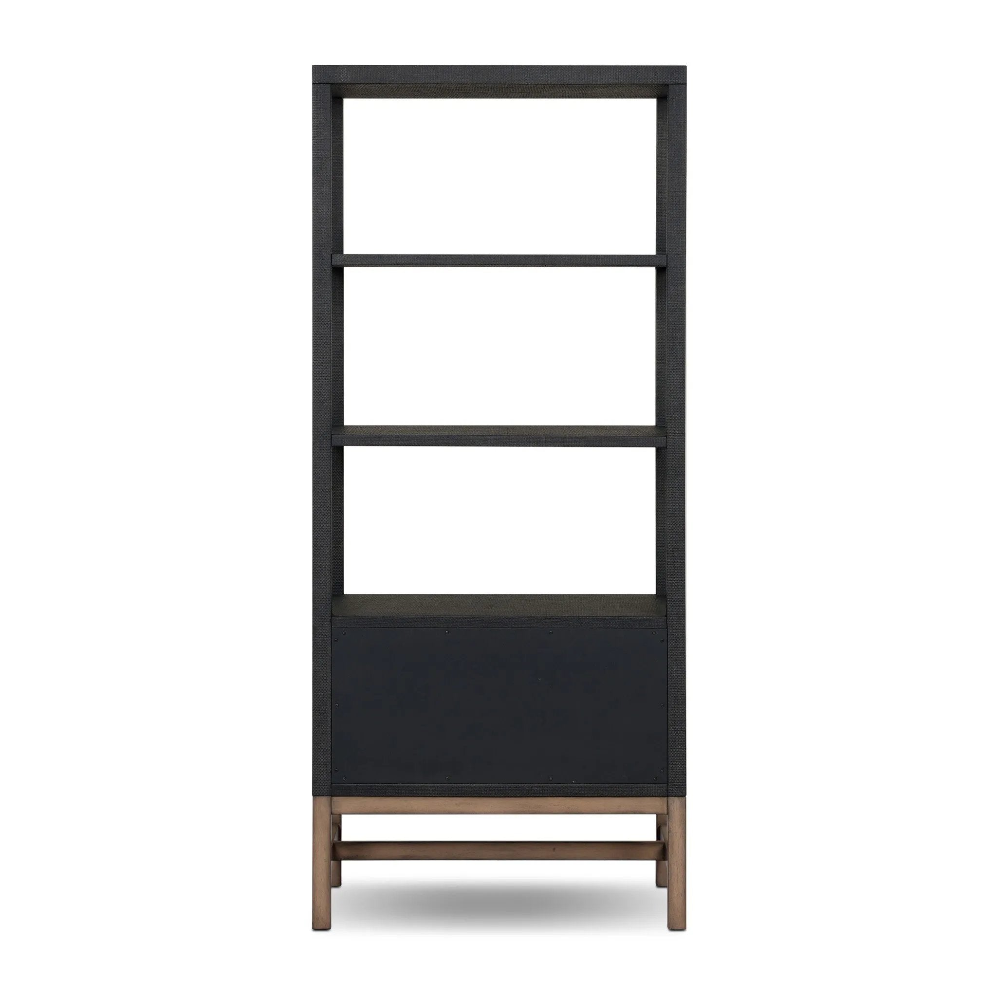 Woven black raffia drawers offer closed storage and a texture-driven take on book shelving. Antique brass-finished hardware adds a touch of vintage detailing, all framed within solid mahogany Amethyst Home provides interior design, new home construction design consulting, vintage area rugs, and lighting in the Dallas metro area.