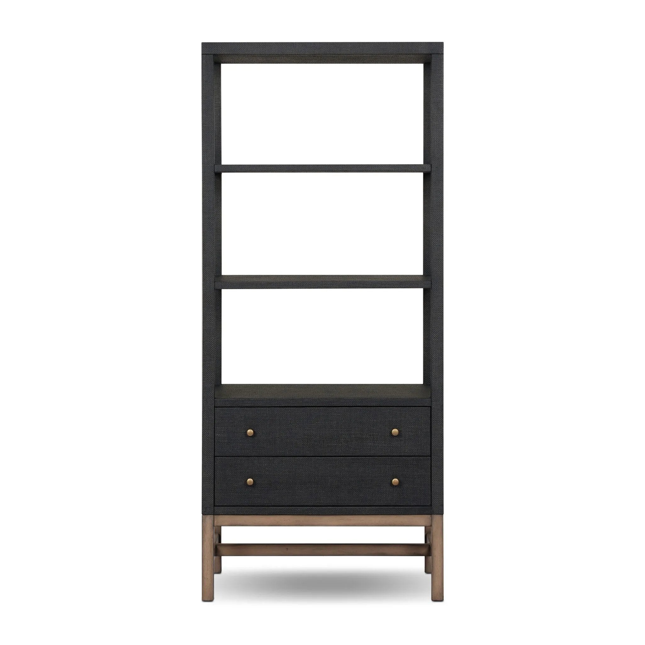 Woven black raffia drawers offer closed storage and a texture-driven take on book shelving. Antique brass-finished hardware adds a touch of vintage detailing, all framed within solid mahogany Amethyst Home provides interior design, new home construction design consulting, vintage area rugs, and lighting in the Laguna Beach metro area.