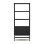 Woven black raffia drawers offer closed storage and a texture-driven take on book shelving. Antique brass-finished hardware adds a touch of vintage detailing, all framed within solid mahogany Amethyst Home provides interior design, new home construction design consulting, vintage area rugs, and lighting in the Monterey metro area.