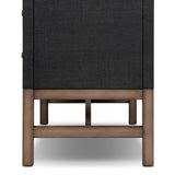 Woven black raffia drawers offer closed storage and a texture-driven take on book shelving. Antique brass-finished hardware adds a touch of vintage detailing, all framed within solid mahogany Amethyst Home provides interior design, new home construction design consulting, vintage area rugs, and lighting in the Nashville metro area.